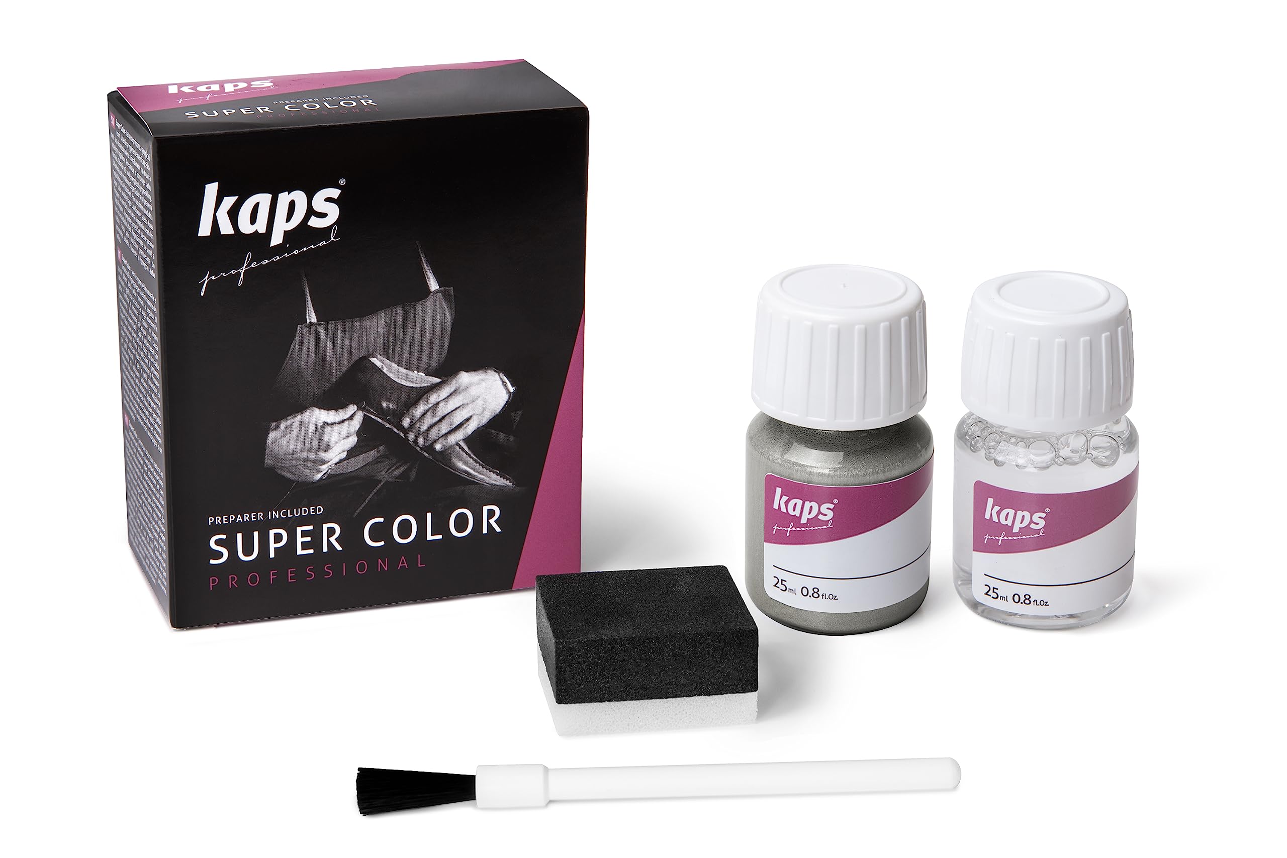Dye With Primer For Natural And Synthetic Leather Shoes, Kaps Super Color And Preparer, 402 - Antic Silver, 25ml - 0.85 fl. Oz.