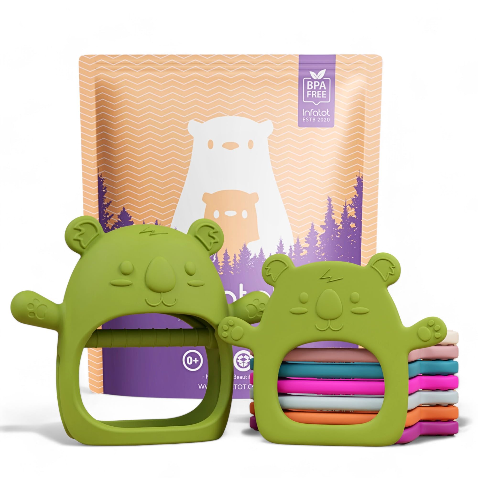 Infatot® Teething Toys for Baby Gifts – 2-Pack Koda Koala Teether Mitten Glove, Soothing Hand Teethers for Infants, Baby Toys 0-6 Months and Up, Newborn Essentials for Teething Relief, Jade Green.