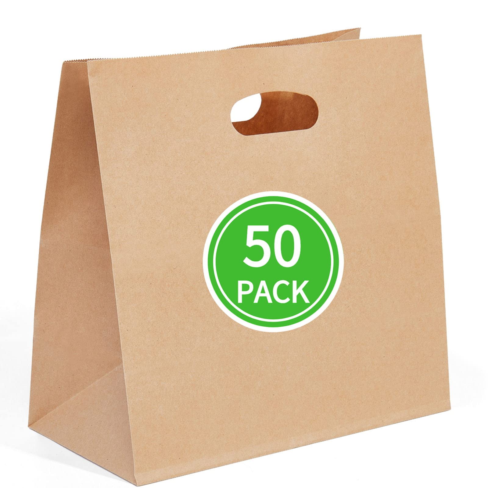 Photo 1 of PAICUIKE 50 Pcs 11x6x11 Die Cut Tote Brown Paper Bags with Handle Bulk, Kraft Paper Grocery/Takeout Bags for Restaurant, Bakery, Retail