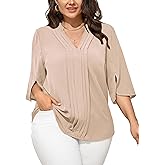 SCOMCHIC Women's Plus Size Blouses 3/4 Sleeve Dressy Tunic Tops Casual Loose V Neck Pleated Shirts