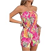 WDIRARA Women's Tropical Print Sleeveless Strapless Wide Leg Tube Romper Jumpsuit Boho Shorts