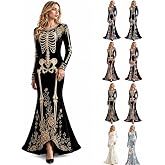 Women Skeleton Dress Long Sleeve Gothic Print Maxi Halloween Dresses Velvet Floral Soft Costume Cosplay