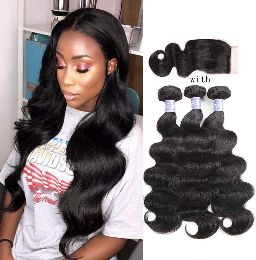 SAYAS Hair 3 Bundles Brazilian Hair Body Wave With Closure 4x4 inch Free Part Natural Color 100g(3.5oz)/bundle With 25g(0.9oz) Closure Total 325g(11.4oz) (12 14 16+12) Inch