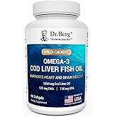 Dr. Berg Maximum Strength Omega-3 Cod Liver Fish Oil (1250 mg) from Wild-Caught Cod - Lemon-Flavored Omega-3 Fish Oil for Women & Men - EPA DHA Supplement – 60 Softgels