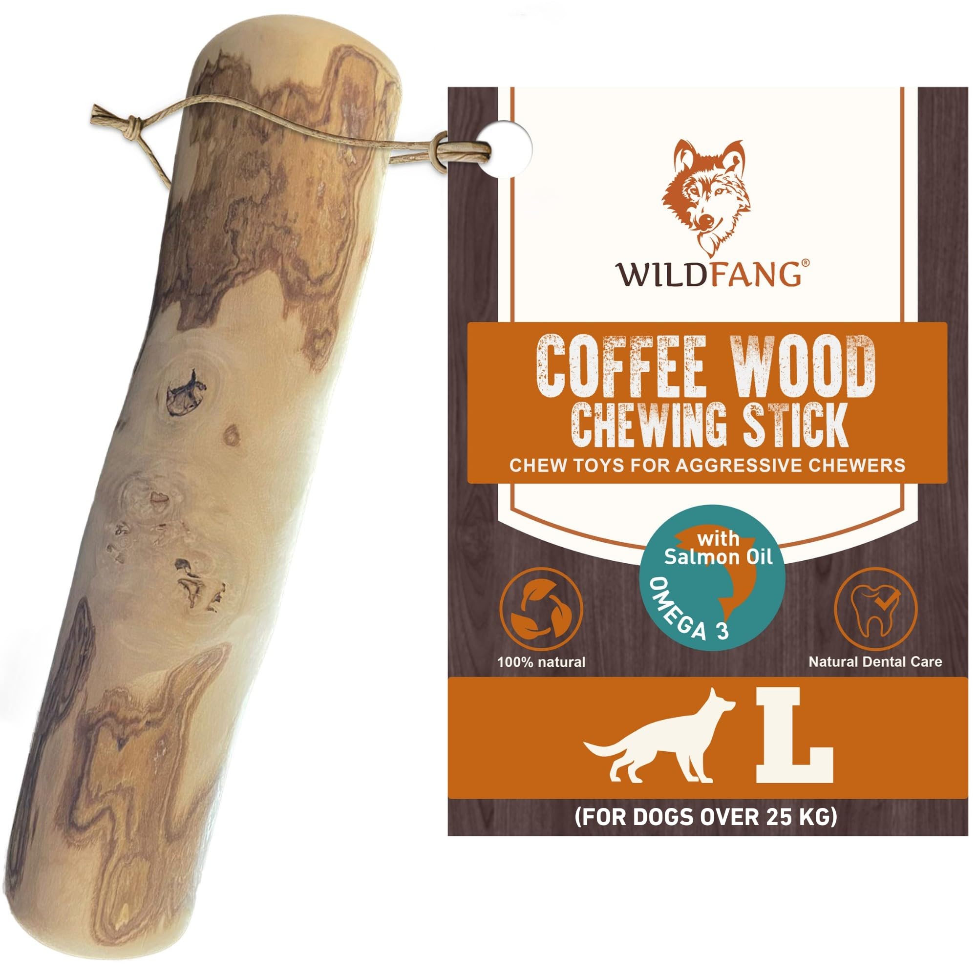 Wildfang® Coffee Wood Dog Chew w/Salmon Oil - Durable Dog Toys for Aggressive Chewers, Dental Stick for Teething Puppy, Training for Chewing Muscles, Coffee Tree Sticks for Large Dogs (Over 25kg)