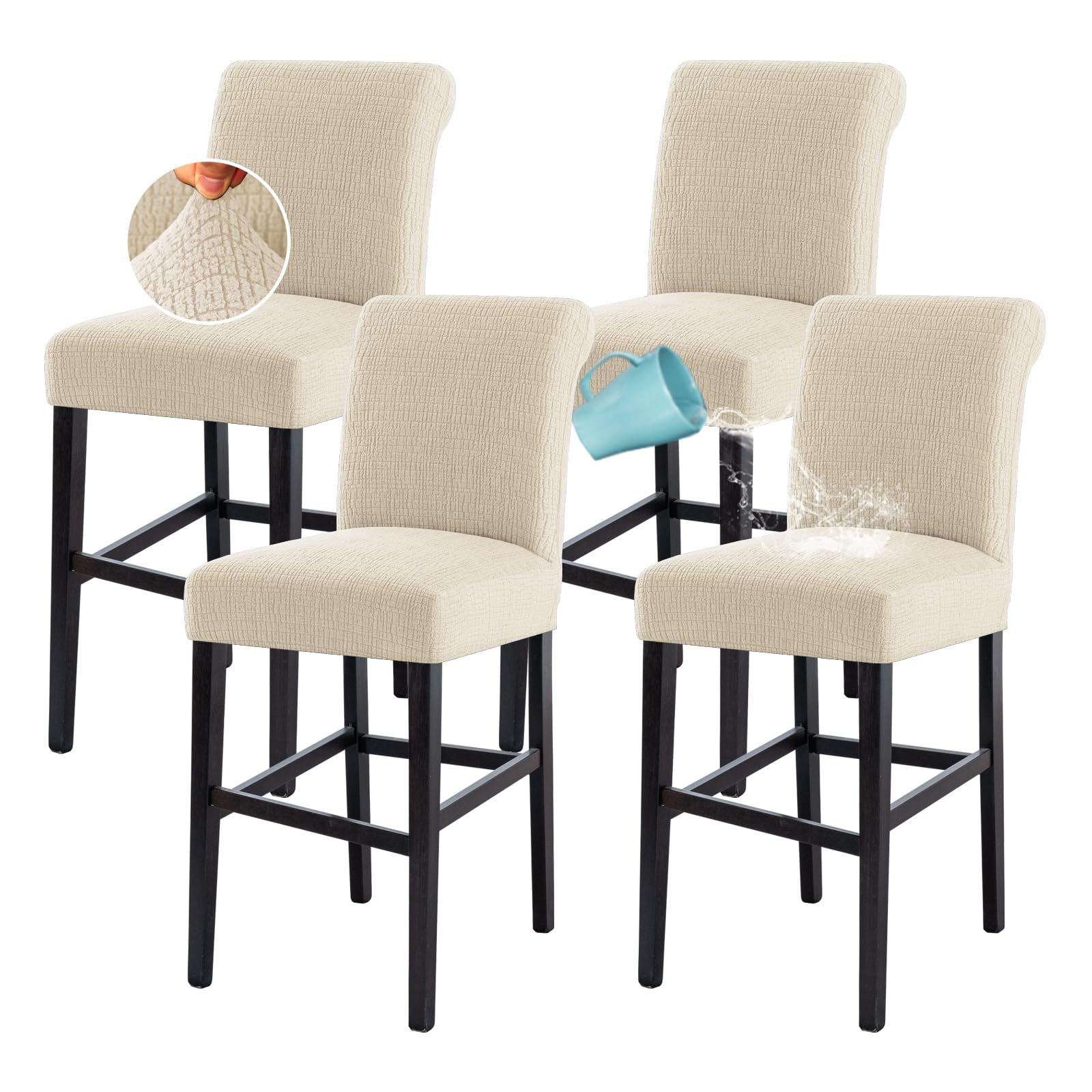 Photo 1 of H.VERSAILTEX 100% Waterproof Bar Stool Covers Rectangular Pub Counter Stool Chair Covers Washable Counter Height Stool Seat Covers Jacquard Crizzle Pattern Removable High Chair Cover Set of 4, Ivory
