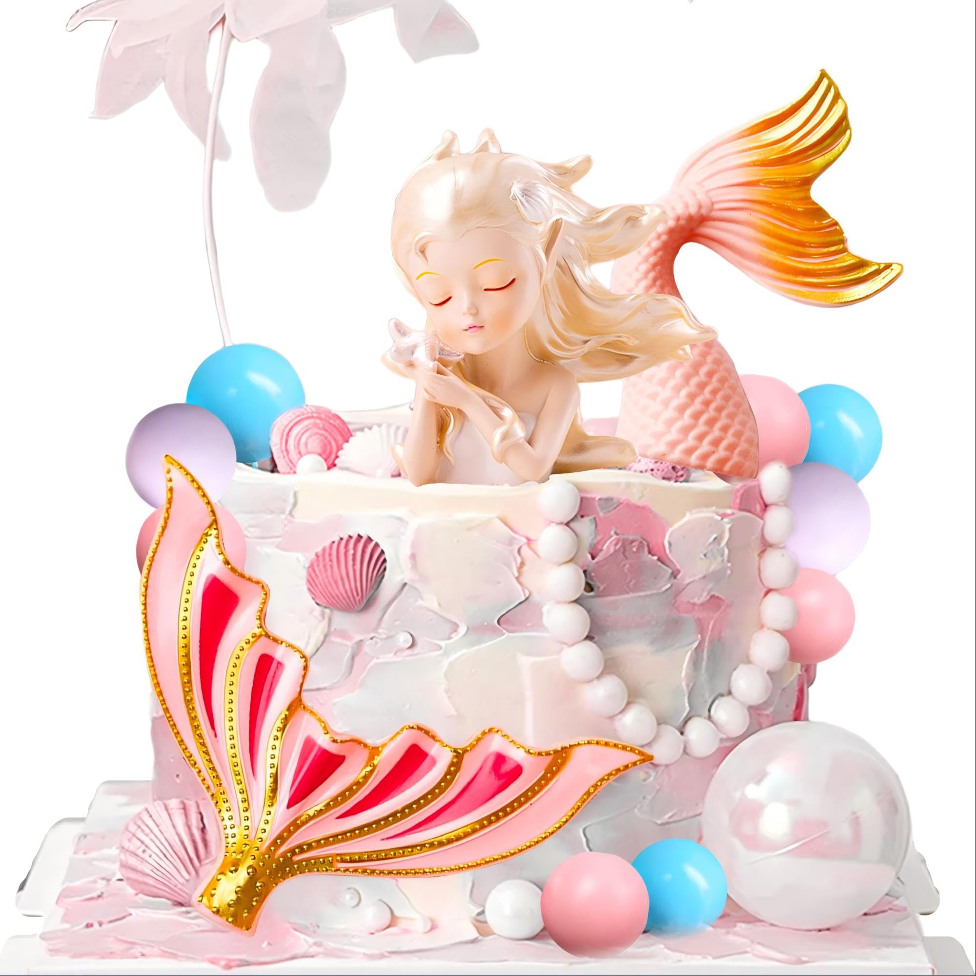 LaVenty Pink Little Mermaid Cake Toppers Under the Sea Cake Decoration Seashell Cake Topper Mermaid Tail Cake Topper Party Supplies Sea Star Cake Toppers