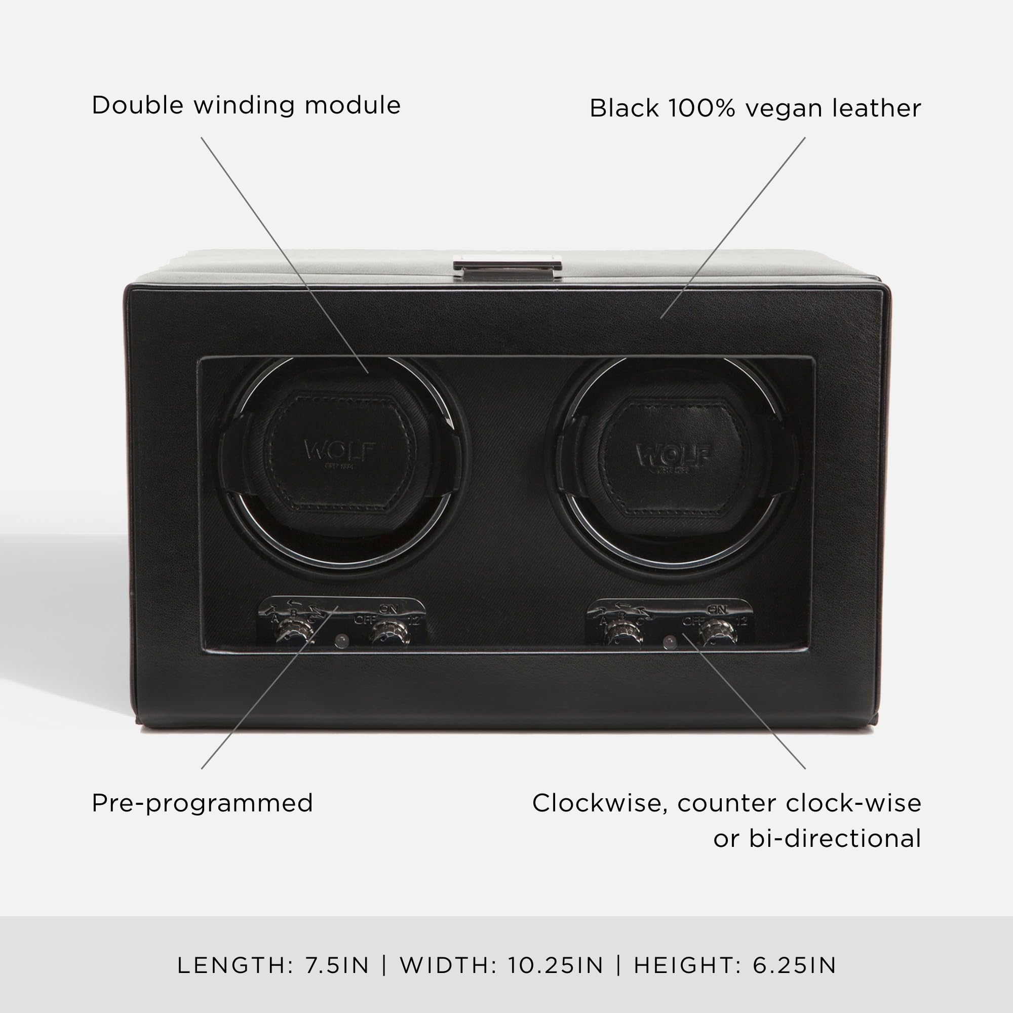 WOLF Heritage Double Winder with Glass Cover, Black - Secure Fit with Patented Dynamic Lock-In Cuff - For Bigger, Heavier Watches - Vegan Leather - Includes Universal Adapter