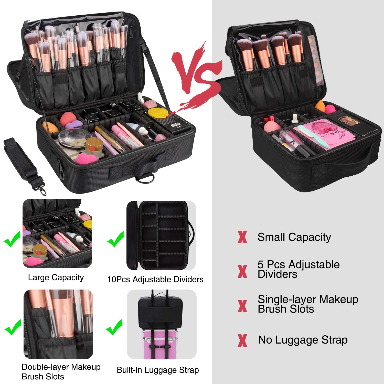 Relavel Makeup Bag Travel Makeup Train Case 13.8 inches Large Cosmetic Case Professional Portable Makeup Brush Holder Organizer and Storage with Adjustable Dividers and Shoulder Strap Black