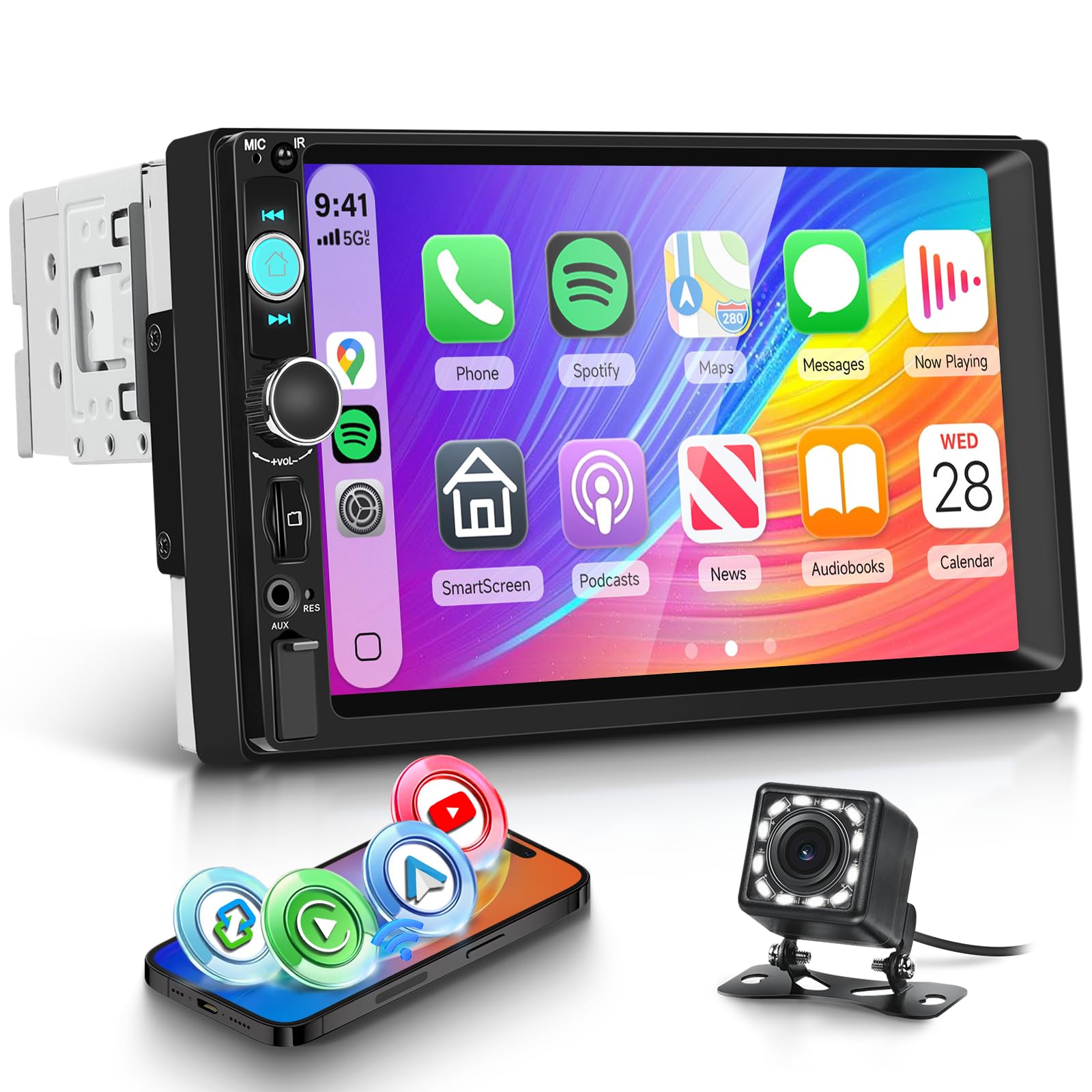 Photo 1 of Orderich Single Din Car Stereo with Wireless Carplay Android Auto You-Tube, 7" IPS Touch Screen Car Radio 1 Din with Backup Camera Car Audio Receiver Support Mirror Link Bluetooth FM USB EQ SWC