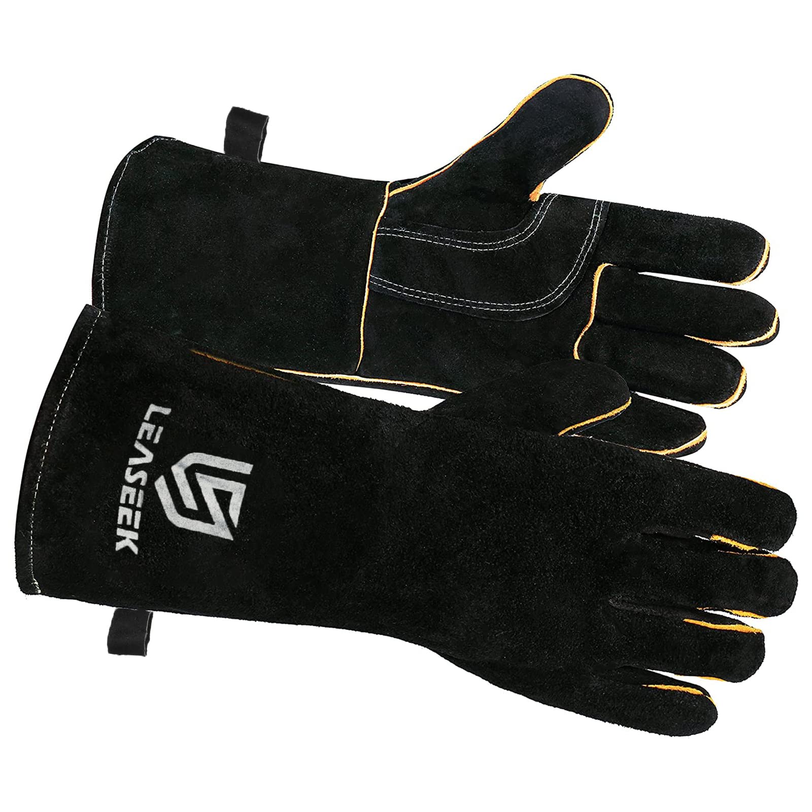 LeaSeek Leather barbecue gloves, Heat/Fire Resistant Forge Welding Gloves,Mitts for Fireplace,BBQ,Welder,Grill,Oven,Stove,Tig,General Utility Work Gloves (14-inch, Black)