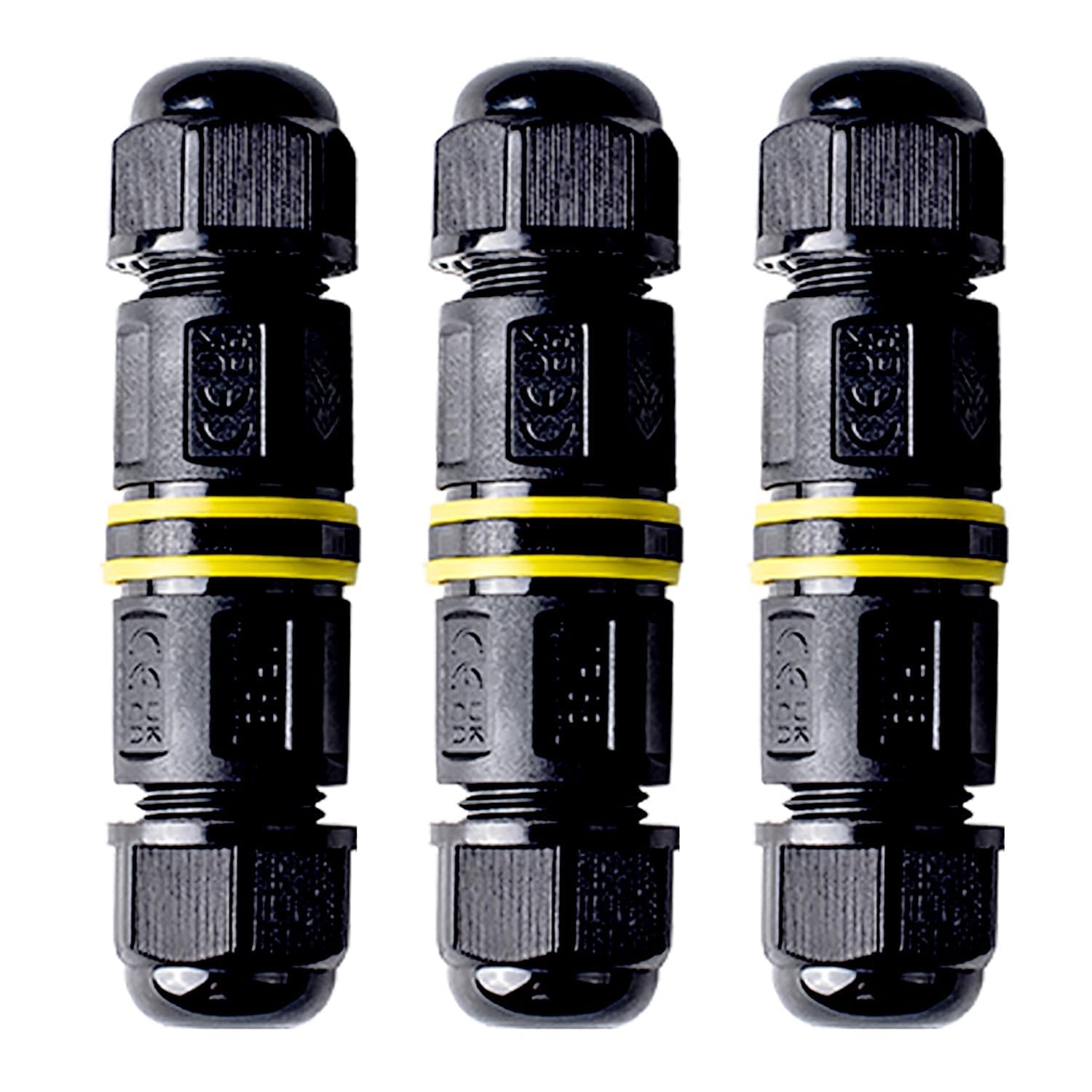 PERSENTU 3Pcs Waterproof Cable Connector, Waterproof Junction Box,IP68 Connector External Sleeve Coupler 3-core Outdoor Connector 2-Way Outdoor Extension Electrical Cable Protector Diameter Ø5mm-9mm