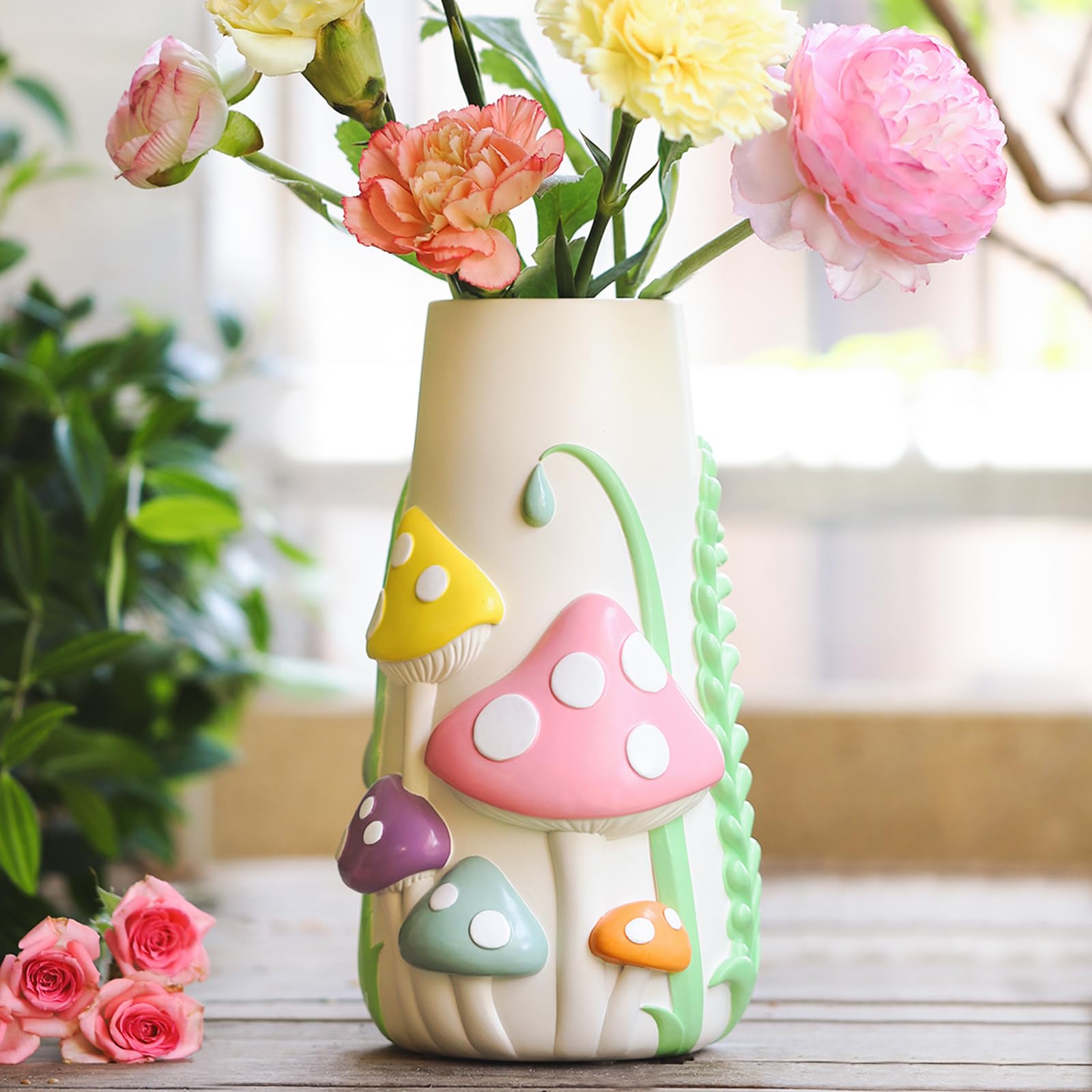 GUGUGO Pastel Mushrooms Vase for Flower, 8-Inch-Tall Rainbow Funky Mushroom Decor, Eclectic Vases for Flowers, Unique Colorful Decorative Vase, Cute Room Decor Aesthetic
