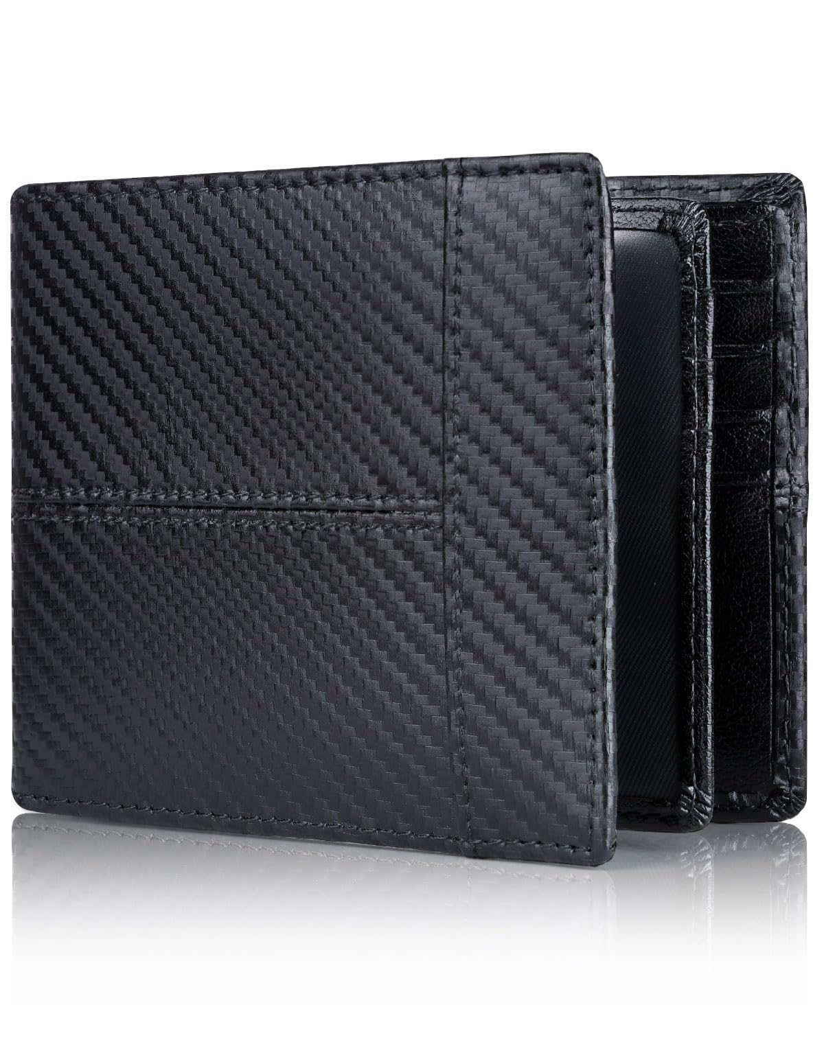 Mens Wallet RFID Genuine Leather Bifold Wallets for Men, ID Window 16 Card Holders Gift Box - Black - Stander