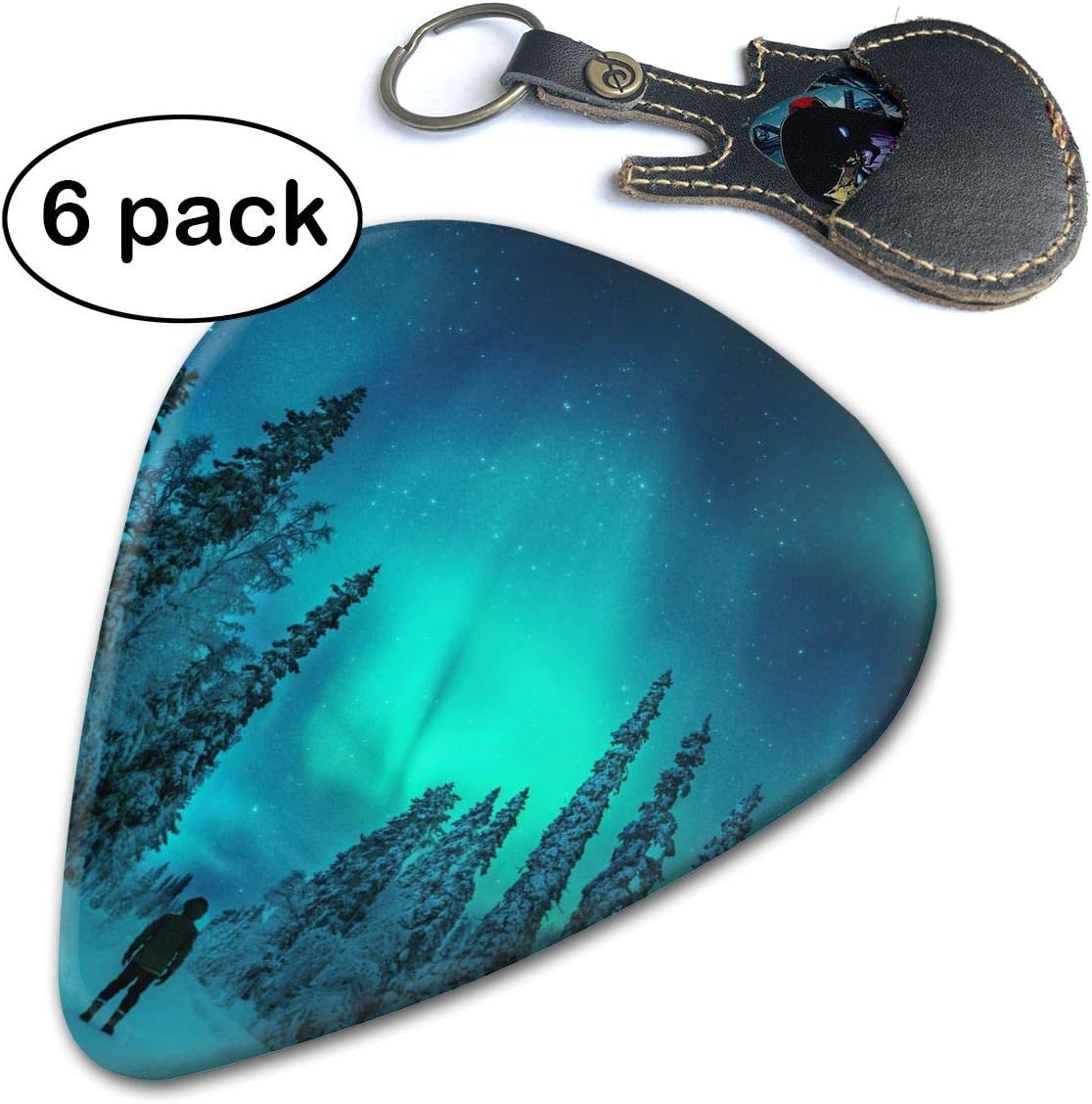 WB - On The Hunt For The Northern Light 351 Shape Classic Guitar Picks (6 Pack) For Electric Guitar, Acoustic Guitar, Mandolin, And Bass. Gift Leather Key Chain Pick Holder (0.46mm, 0.71mm, 0.96mm)