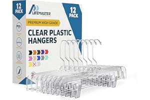 Lifemaster Clear Plastic Hangers - 12 Pieces 14 Inches Anti-Slip Space-Saving, Closet Organization Solution - Pants, Trousers, Skirts, Jeans Hangers with 360° Swivel Hook and Adjustable Clips - Clear