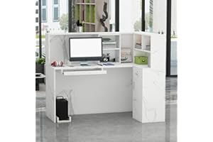 AGOTENI Reception Desk Reception Stations with Open Shelf & Drawers, L Shape Reception Table Wooden Computer Desk for Office Reception Room, Marble White