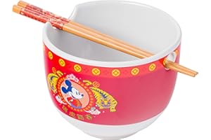 Silver Buffalo Disney Mickey Mouse Lunar Chinese New Year Tiger Ceramic Ramen Noodle Rice Bowl with Chopsticks, Microwave Saf