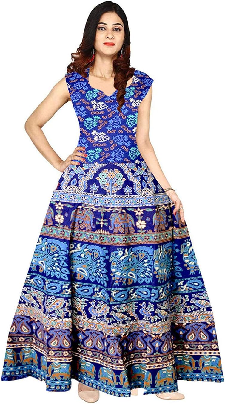 Buy Afreet Fashion Women S Cotton Traditional Rajasthani Jaipuri Print One Piece Dress Afd 138 Multicolour Free Size At Amazon In