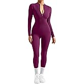 SUUKSESS Women Long Sleeve Ribbed Jumpsuit Zip up Front Workout Bodycon Romper