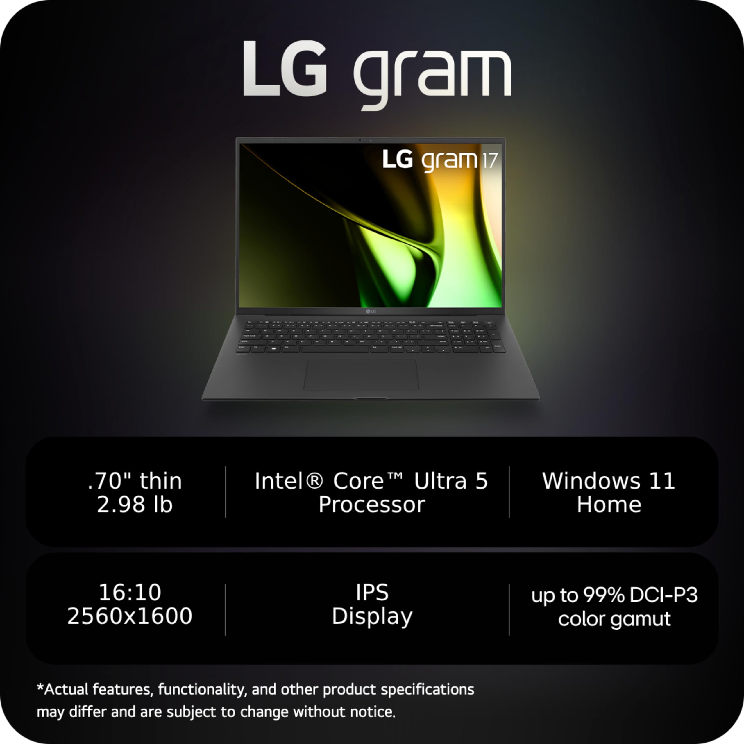 LG gram 17-Inch Lightweight Laptop Intel Evo Edition - AI-enabled Intel Core Ultra 5 processor Windows 11 Home 16GB RAM 512GB SSD - Black