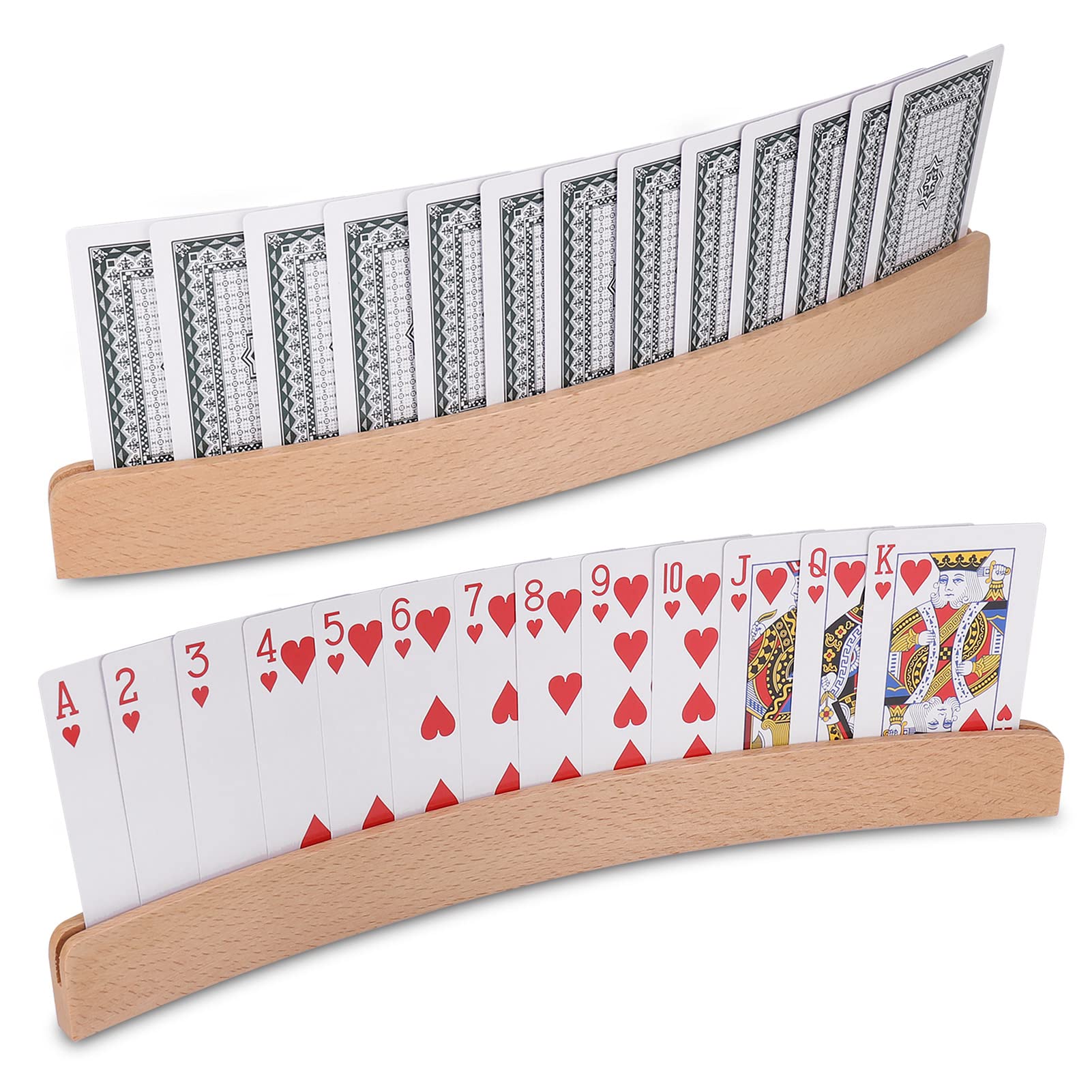 Zocipro 2Pcs Playing Card Holder for Kids, Wooden Curved Game Cards Holder, Hands Free Poker/Bridge/Uno Cards Holder Organized for Adults, Seniors