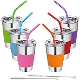 Rommeka Kids Tumbler with Lids and Straws, 16oz Stainless Steel Cups with Colorful Sleeves, Unbreakable Smoothie Drinking Water Mug, Apply for Adults & Children