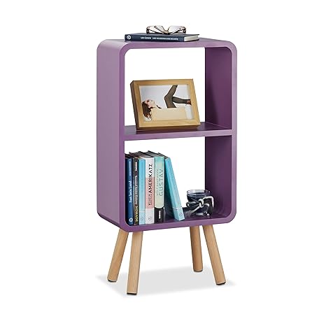 Relaxdays Standregal mit 2 Fächern, schmales Bücherregal ohne Schubladen, Wohnzimmer Regal mit Holzbeinen, violett