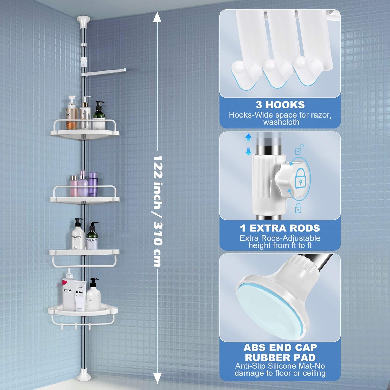 Homemaxs Corner Shower Caddy, 304 Stainless Steel Shower Caddy Tension Pole More Durable, 4-Tier Adjustable Bathroom Shelf with Upgrade Cone Non-Slip Silicone Mat Stable in Bathroom: Home Improvement