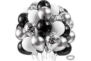 Bezente Black Silver Confetti Latex Balloons,60pcs 12 inch Black White Silver Metallic Chrome and Silver Confetti Balloons for Birthday, Baby Shower, Wedding, and Silver Theme Party Decoration