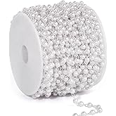 33 Feet Silver Pearl Beads Chains Roll, 4mm Faux Pearls Beaded Silver Plated Brass Cable Link Chain Spool Bulk for Jewelry Making DIY Craft