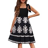 Arshiner Girls Summer Dress Tie Strap Sleeveless Solid Color Square Neck Party Dresses 6-11 Y