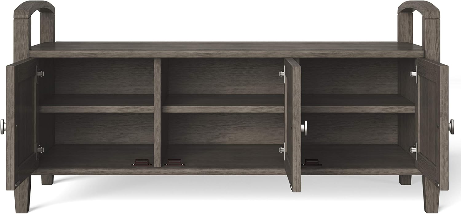 Simpli Home Warm SOLID WOOD 44 inch Wide Entryway Storage Bench with 3 Doors, Multifunctional, Rustic, in Farmhouse Grey: Furniture & Decor