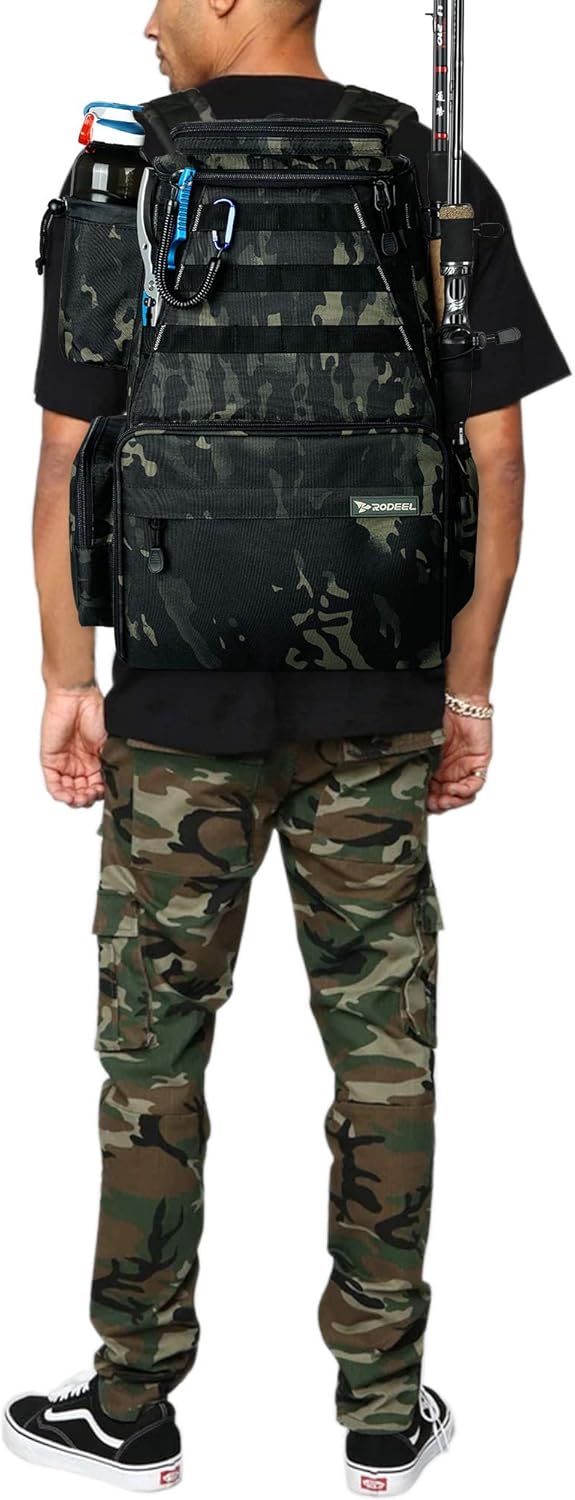 Rodeel Fishing Tackle Backpack with 4 Tackle Tray, 4 Fishing Rod Holders, Large Storage, Backpack for Trout Fishing Outdoor Sports Camping Hiking : Sports & Outdoors