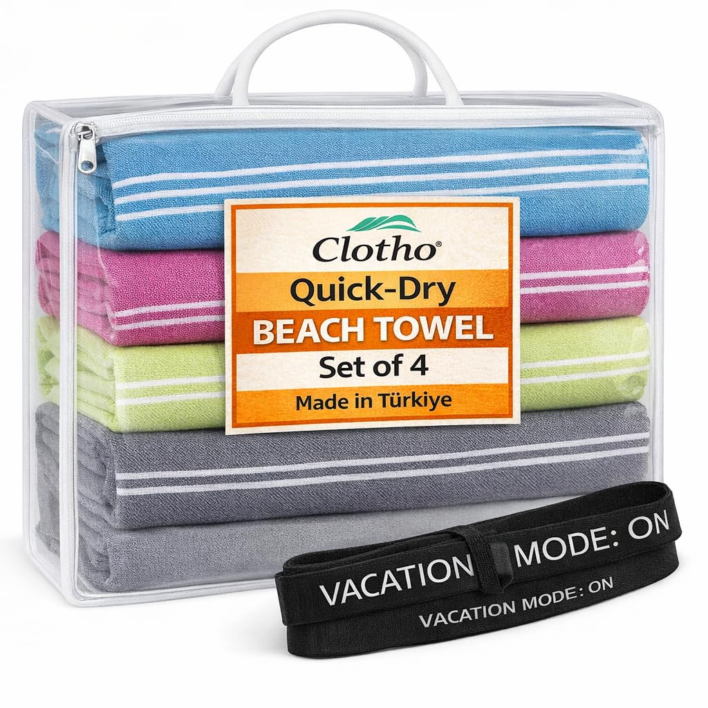Clotho Turkish Beach Towel Set of 4 – 100% Turkish Cotton, Oversized & Quick Dry – Sand Free Lightweight Travel & Pool Towels with Chair Bands – Giftable Clear Carry Case – Made in Türkiye Image