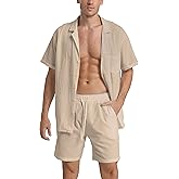 RPOVIG Linen Shirt Short Outfits:Men's Beach 2 Pieces Casual Button-Down Sets