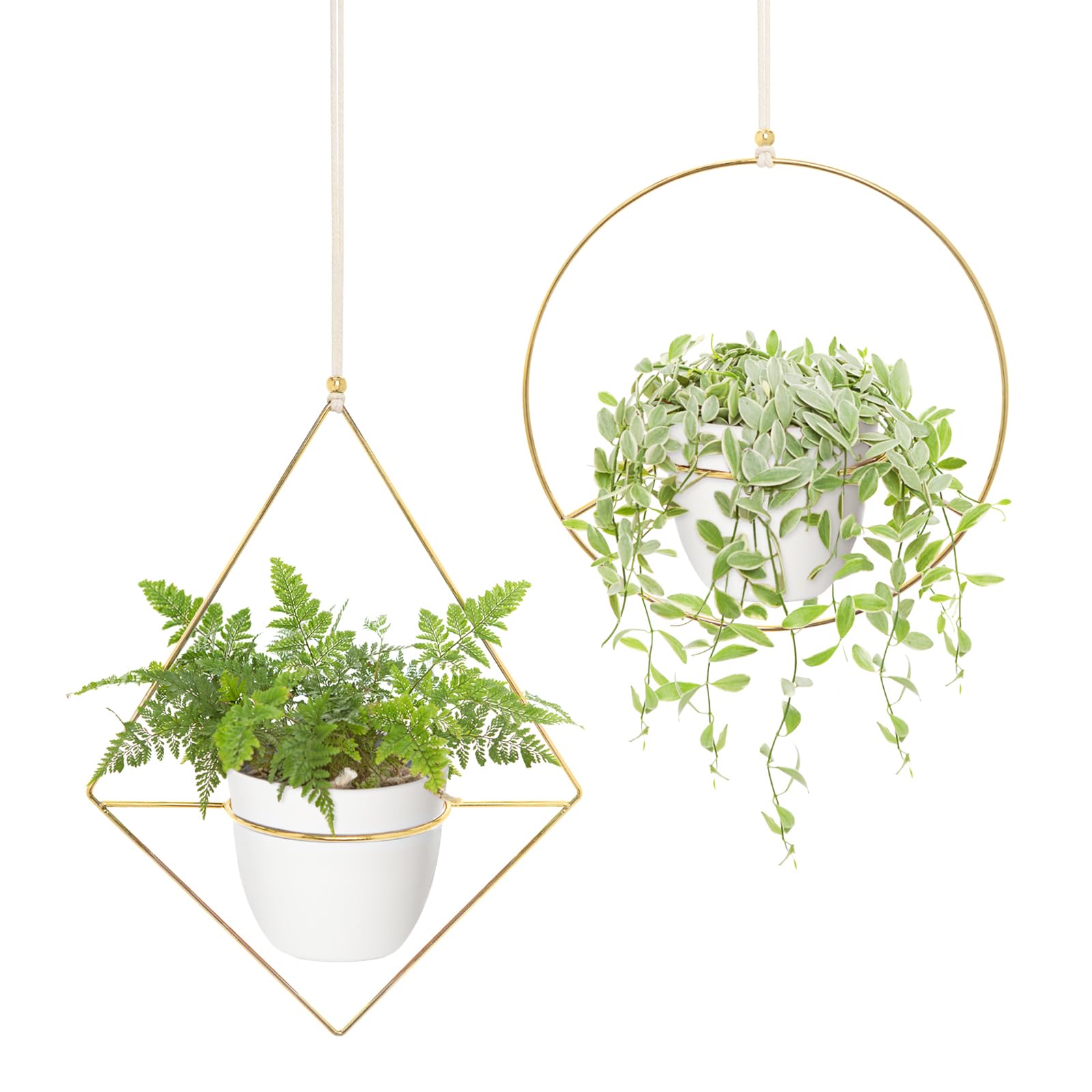 Photo 1 of Mkono Boho Metal Hanging Planter with Plastic Pots, Set of 2 , Modern Mid Century Flower Pot Plant Holder in Diamond and Circle Shape, Fits 6 Inch , Gold
