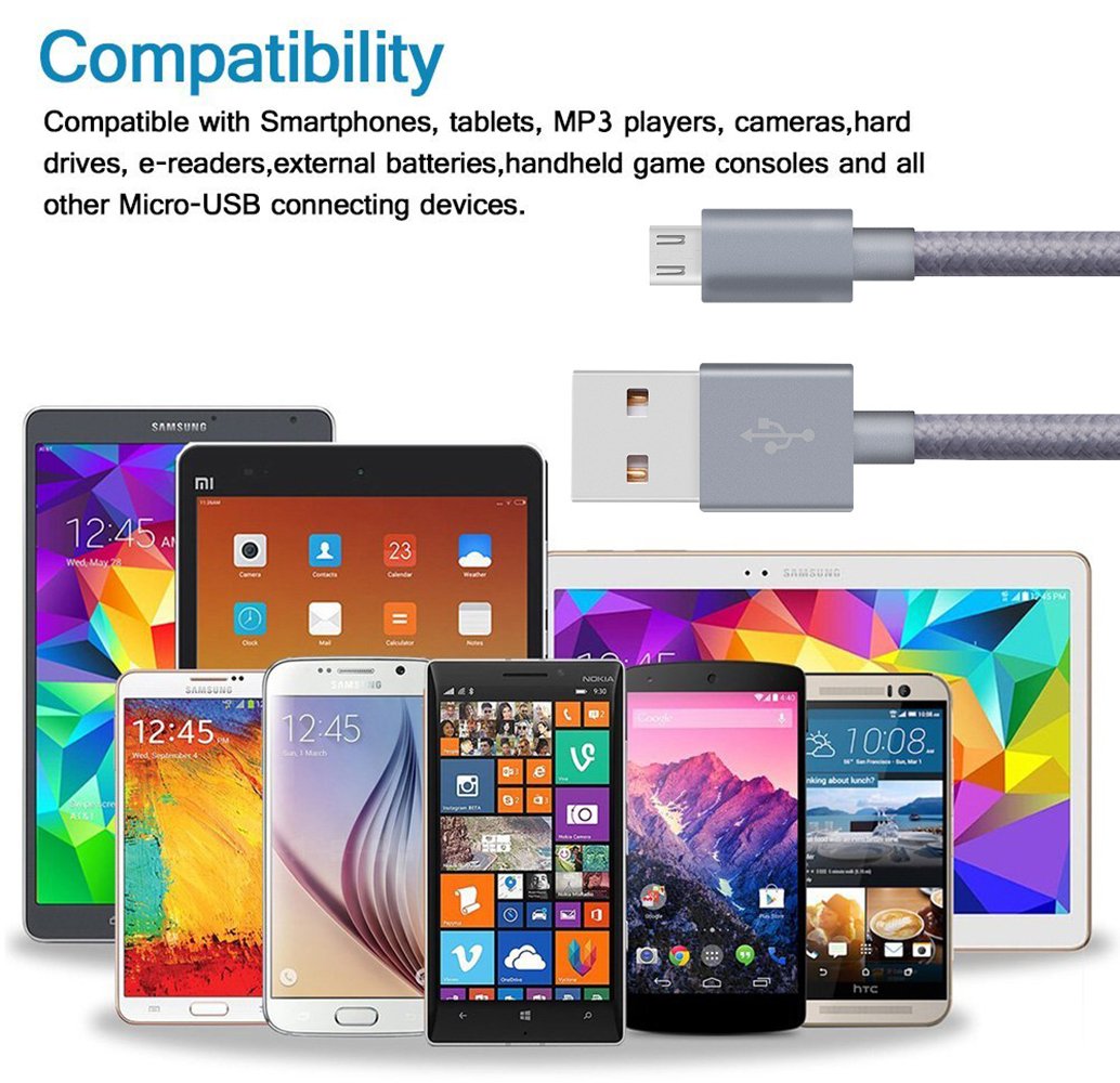 JH-LI Micro USB Cables, 3pack 6ft High Speed USB 2.0 to USB Charging Cables Premium Durable Nylon Braided Cable for Samsung, Nexus, LG, Motorola, Android Smartphones and More, Grey