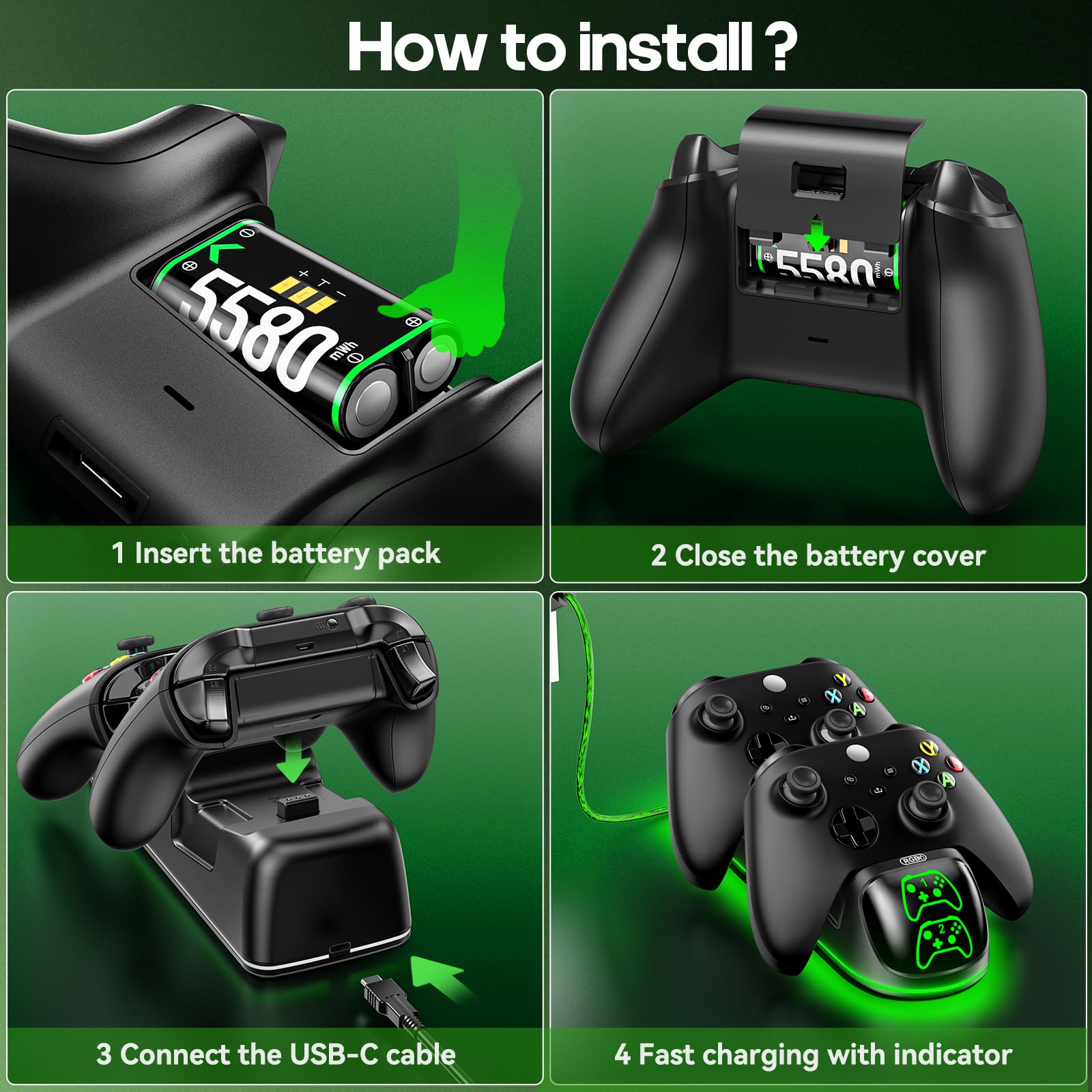 OIVO XSX Controller Charger Station with 2 Packs 5580mWh Rechargeable Battery for Xbox Series X/S/One/Elite/Core Controller, Charging Dock for Xbx with 4 Packs Covers for Xbox One Console