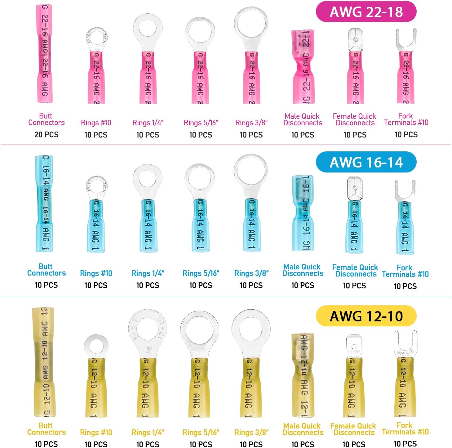 TICONN 250PCS Heat Shrink Wire Connectors, Waterproof Automotive Marine Electrical Terminals Kit, Crimp Connector Assortment, Ring Fork Hook Spade Butt Splices: Industrial & Scientific