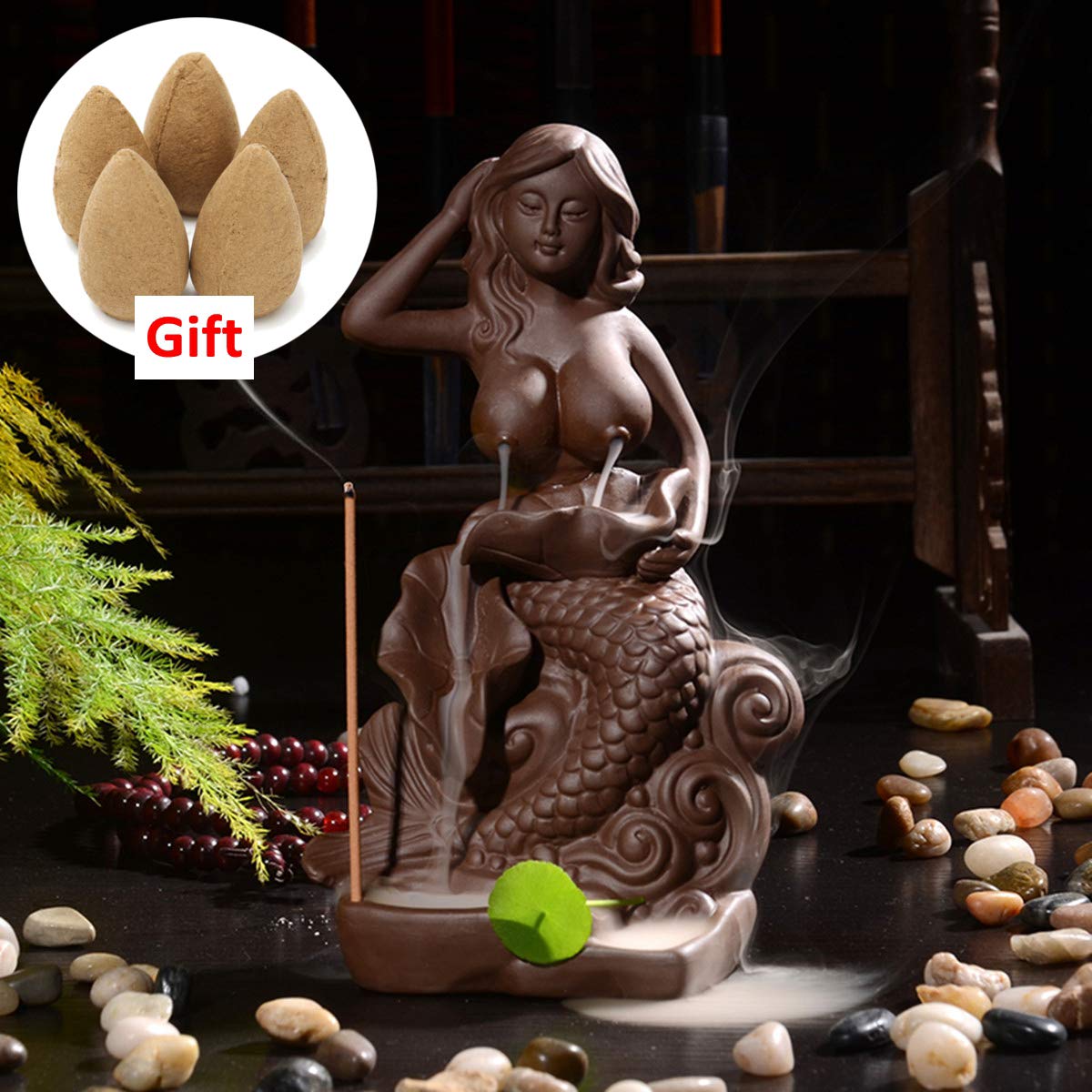 Jeteven Keramik Räucherstäbchenhalter Rückfluss Räuchergefäß Luftbefeuchter für Freies Kegel \'\'Meerjungfrau\'\' Aromatherapie Räucherstäbchen Rückfluss Weihrauch (8 x 7 x 17.5 cm)