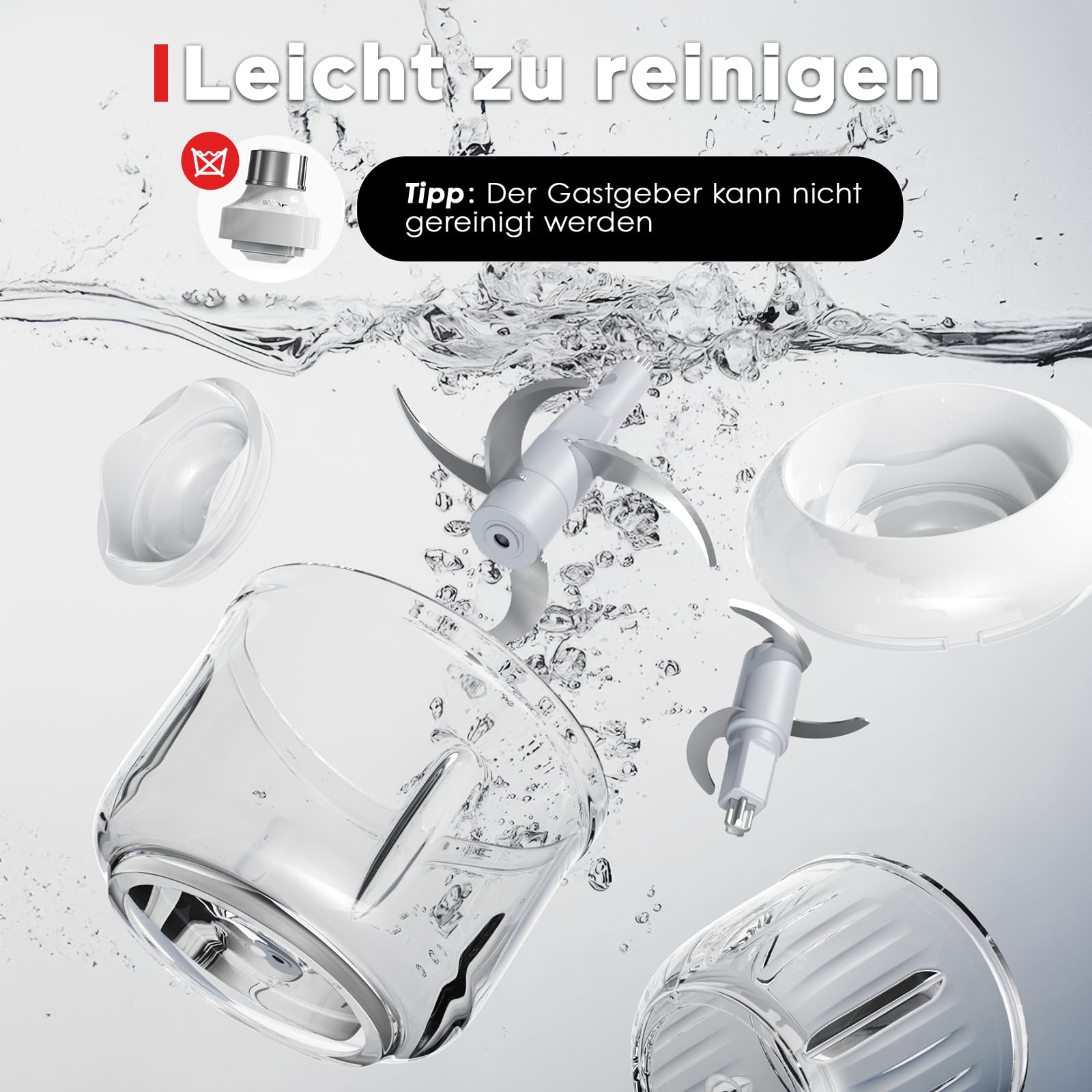 Bear 0.6L+2L Zerkleinerer Glas, 2 Geschwindigkeitsstufen, Häcksler mit 4-Edelstahlklingen und Fleischwolf, Glasbehälter Zerkleinerer für Fleisch,Babynahrung,Obst,Gemüse,Elektrisch Mini chopper 5