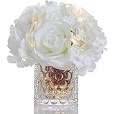 GreenHouzz Rose Silk Flower Arrangement Artificial Vivid Rose in Glass Vase with LED Light Elegant Centerpiece for Home Wedding Bathroom Table Shelf Decoration (Pure White)
