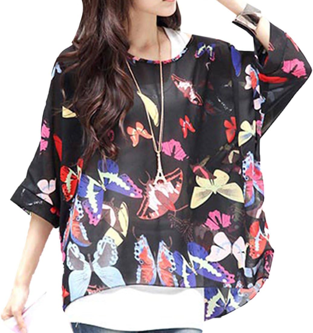 OUKIN Women's Top Bohemian Floral Chiffon Blouse Batwing Sleeve Plus Oversize Loose Tunic