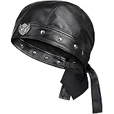 NTAWYT Leather Biker Hats for Women Cycling Skull Cap Adjustable Doo Rag Black Bandana
