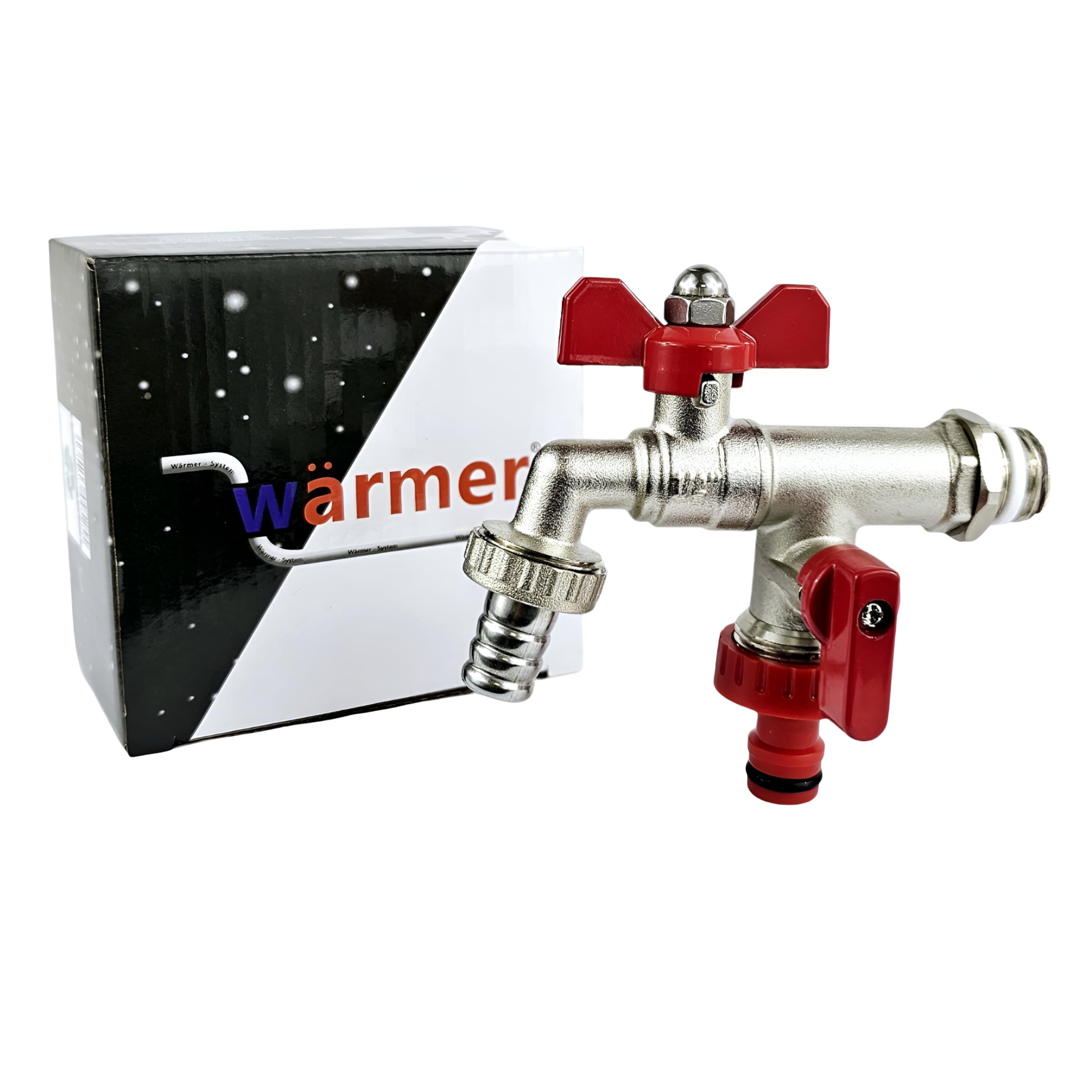 Wärmer System Outside Garden Tap Wall Mounted Butterfly Handle with Sealing PTFE and Rotating Nut (1/2X3/4X3/4 Double Outlet Butterfly Garden Tap)