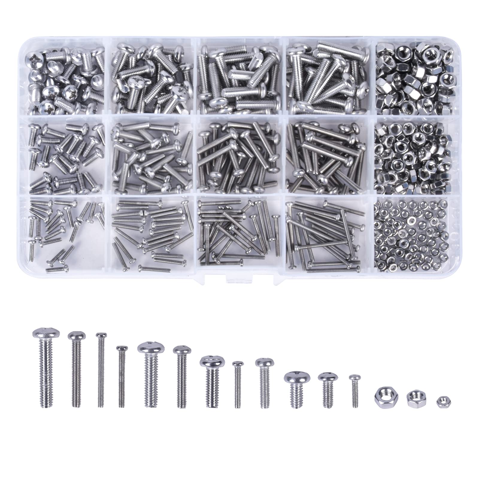 480 Pcs Bolts & Nuts Set, Cross Recessed Round Head Screws M2 M3 M4, Phillips Cheese Head Screws 8-20 mm, Stainless Steel Cross Button Head Bolts with Hex Nuts