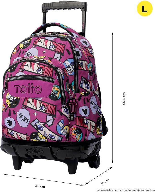 - Mochila Escolar con Ruedas, Modelo Renglones, Capacidad 26,21 Litros, Bolsillo para PC 14", Bolsillo Botella, Correas en S para Mayor Comodidad, Resistente, Estampado Kitsune