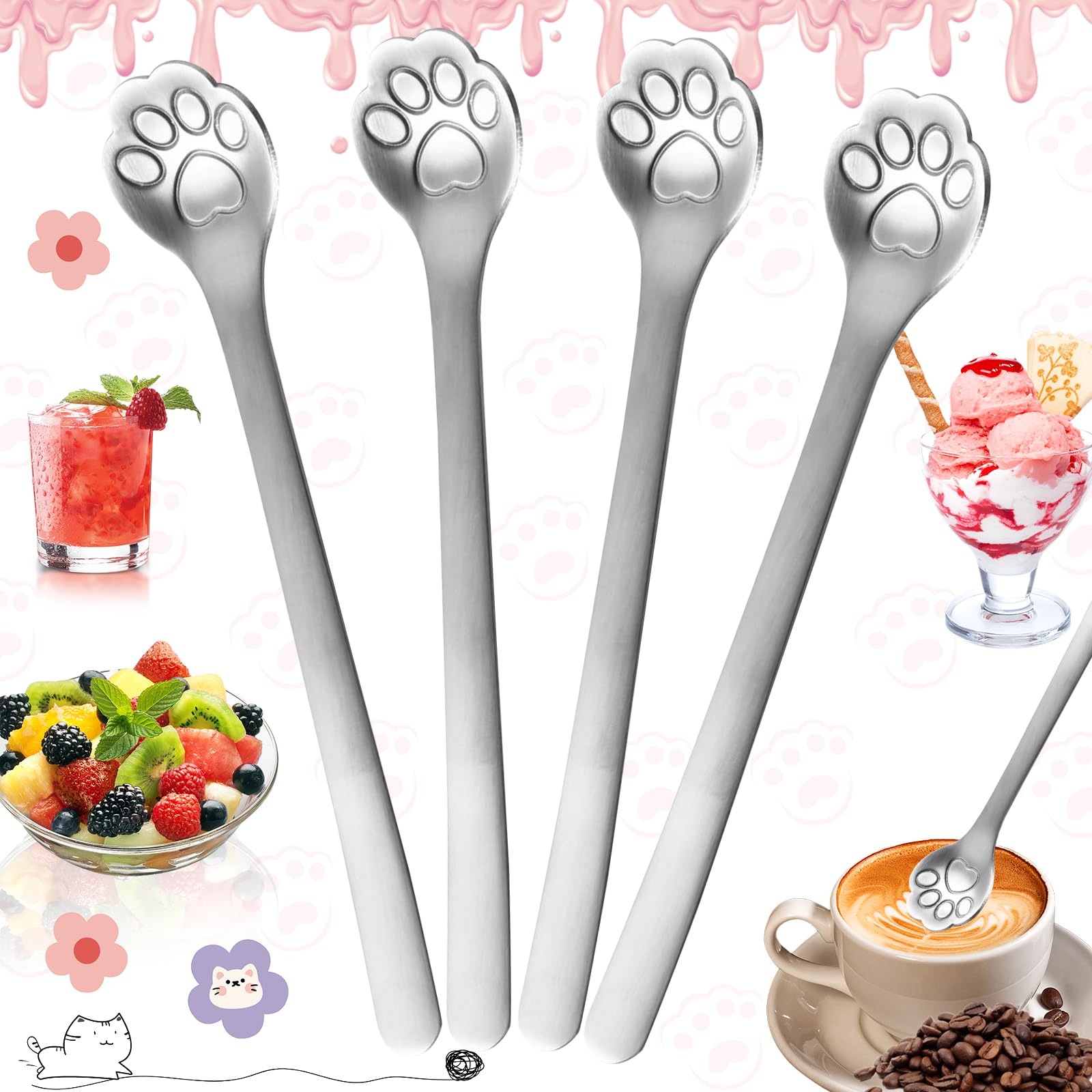 Benaton 4 Pieces Stainless Steel Teaspoons Cat Paw Coffee Spoons Dessert Spoons Set