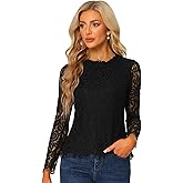Allegra K Women Lace Long Sleeve Top Ruffle Neck Floral Elegant Blouse Dressy Casual Lace Shirt